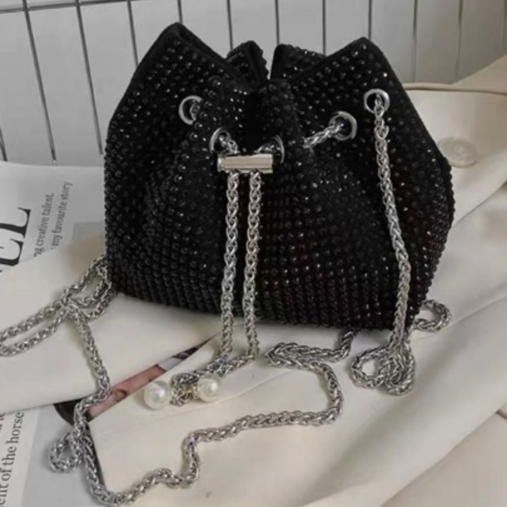 Black Rhinestone Drawstring Bag with Silver Chain - Picture 4 of 5